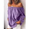 Camisa de Mujer de Manga Larga, Color Sólido, Algodón-Lino, Fruncida Elástica, Hombros Descubiertos, Talla Grande Holgada, Estilo Europeo y Americano, En Stock, 2026
