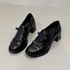 Sensación de piel de cordero~Tacón grueso francés zapatos Mary Jane negros de cuero para mujer otoño e invierno nuevo estilo con falda tacón alto solo