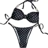 Bikini halter retro de lunares y perlas, traje de baño sexy de dos piezas con cordones, perfecto para vacaciones y playa
