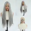Peluca de encaje frontal estilo europeo y americano 13*4, se puede peinar libremente, cabello largo y liso gris, pieza para la cabeza de fibra sintética de alta temperatura
