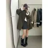 Gabardina de estilo coreano, relajada, con cuello mao, de longitud media, para mujer, principios de otoño, corte holgado para figuras petite, con puños a rayas y diseño casual