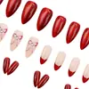 Uñas Usables de Longitud Media, Ojo de Gato Borgoña Francés con Moño, Manicura Removible Exquisita, Dulce y Versátil Estilo Europeo y Americano