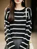 Outono/Inverno 2026 Novo Top Camada Base Malha Canelada Gola Redonda Manga Longa Listrado Color Block Algodão Lã Misturado Feminino