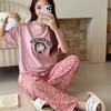 Pijama Su Xixi Estampado de Leopardo Lindo Gato Kt Porcelana de Hielo Algodón Puro para Mujer, Mangas Cortas, Pantalones, Ropa Exterior de Dibujos Animados, Conjunto de Ropa para el Hogar
