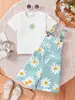 Comercio Exterior Ropa Infantil Verano Conjunto Niñas Dulce Color Sólido Top Estampado + Peto Estampado de Margarita Conjunto de Dos Piezas