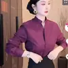 Elegante Camisa de Manga Larga para Mujer, Estilo Primavera y Otoño, Top Verde, Corte Holgado, Versátil, Adelgazante, Estilo para el Trabajo, Camisa con Cuello Alto, Verde Oscuro