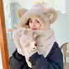 Chapéu e cachecol de pelúcia de urso fofo integrados com uma máscara, chapéu quente forrado com fleece para mulheres, chapéu à prova de frio para proteção auricular para ciclismo no outono e inverno, moderno