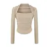 Camiseta Manga Longa Feminina Pure Desire Spicy Girl Decote Quadrado Falsa Dupla Peça Nova Estilo Primavera/Outono Slimming Curta Cropped Franzida Camada Base