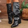 2025 Novas Botas de Moda Dobradas de Salto Alto Transfronteiriças Salto Grosso Tamanho Grande Estilo Britânico Botas de Cano Alto para Mulheres Wish