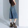 Shorts Jeans Azuis Vintage para Mulheres, Tendência Verão 2026 Versátil Novo Cintura Alta Perna Larga Cropped para Figuras Baixas