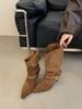 Botas de Tacón Alto de Gamuza a Media Pantorrilla de Nicho para Mujer 2025 Nuevas Botas Delgadas de Punta Aguda para Otoño e Invierno Botas de Jinete