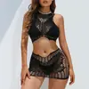 Lencería Sexy Transfronteriza Europea y Americana con Estampado de Mariposas, Atractivo de Malla, Conjunto de Dos Piezas, Hueco, Transparente, Caliente y Sexy, Ajustado al Cuerpo para Mujeres