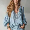 Top plisado azul bruma transfronterizo europeo y americano 2026, cuello redondo, cuello en V, mangas abullonadas, camisa de mujer estilo vacaciones holgada