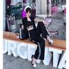 Ropa Deportiva de Verano de Manga Corta Pantalones de Pierna Ancha Conjunto de Dos Piezas para Correr a la Moda Negro Ajustado Casual Traje Deportivo para Mujer