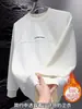 Moletom Masculino Tendência com Forro de Lã Outono e Inverno Pesado Gola Redonda Solto Simples Versátil Estampado Manga Longa