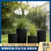 Villa Garden Rayas Negras Verticales Maceta de Fibra de Vidrio Maceta Grande de Pie para Ingeniería de Paisajismo Exterior Fabricante Personalización