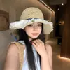 Sombrero de Paja Tejida Floral Estilo Coreano para Mujer, Protección Solar de Verano, Sombrero de Pescador de Ala Ancha, Adelgazante de Rostro, Versátil Sombrero de Sol para Playa