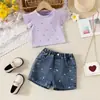 Amazon transfronterizo 2025 ropa para niños verano nuevo conjunto de top para niñas con diamantes tachonados y shorts de mezclilla bordados