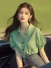 Estilo Francés Estilo Ligeramente Maduro Sentido de Diseño de Nicho Chic Único Hermoso Camisa Pequeña Estilo Menta Mambo Camisa de Manga Corta Verde para Verano