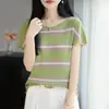 Camiseta de punto de manga corta con rayas bicolor y ribete de volantes de Lyocell, top ajustado de lino con mangas pequeñas acampanadas y diseño de encaje