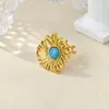 Novo Anel Francês Retrô de Pedra Natural Zircônia Flor Redondo Aberto Anel de Aço Inoxidável Joia Versátil de Alta Qualidade