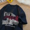 Camiseta de Manga Corta de Algodón Puro con Estampado de Periódico Estilo Americano para Hombre Verano de Moda Marca de Moda Holgada Cuello Redondo Camiseta Pesada Top Ropa