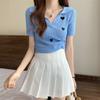 Amor Jersey Cuello Polo Mujer Transfronterizo Verano Nuevo Diseño Nicho Aspecto Adelgazante Cuello en V Manga Corta Camiseta