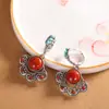 Pendientes Retro Artísticos de Plata Esterlina S925 Pendientes de Ágata Roja del Sur Pendientes Exóticos con Forma de Abanico Estilo Tíbet