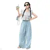 Conjunto de Blusa Estilo Muñeca con Mangas Voladas para Niñas 2026 Nuevo Atuendo de Verano Elegante para Niños Mayores, Conjunto de Dos Piezas con Pantalones Rectos Rayados