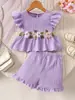Conjunto de Dos Piezas para Niña de Nuevo Estilo Europeo y Americano Transfronterizo para Verano, Top Bordado Floral con Mangas Volantes y Shorts, Disponible en Stock