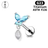 Pendientes de Aleación de Titanio F136 con Colgante de Circonita de Mariposa Azul, Joyería Sencilla y Elegante para Perforación de Hélice Auricular G23