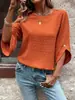 Top Retro Naranja con Lunares Europeos y Americanos para Mujer, Cuello Redondo, Mangas Tres Cuartos, Corte Holgado, Adelgazante, Ropa de Mujer Transfronteriza, Camisa de Oficina al por Mayor