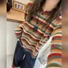 Suéter de Rayas Chic de Moda Estilo Coreano Top de Moda 2026 Otoño/Invierno Nuevo Jersey de Punto Holgado Cuello Redondo