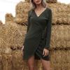 Bai Fen Zhi YiComercio Exterior Transfronterizo Otoño Casual Europeo y Americano Ropa para Mujer Color Sólido Manga Larga Vestido Jersey de una Pieza Cuello en V
