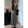 Vestido floral de manga larga con botones en gris francés para mujer, principios de otoño, elegante, ajustado, visualmente más alto, cintura ceñida, vestido largo de cola de pez