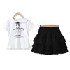 Conjunto Casual para Niña Camiseta de Manga Corta + Falda de Pastel Verano Estilo Coreano Top con Lazo y Falda Abullonada Conjunto de Dos Piezas para Niñas