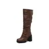 Botas de cuero de caña alta para mujer, otoño e invierno, 35-44, puntera redonda, suela gruesa, tacón cuadrado antideslizante, sin cordones, color liso, talla grande, botas de montar