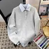 Camisa Retro Americana Gola Falsa Peça Dupla Suéter Masculino Outono Inverno Casual Simples High-End Versátil Gola Alta Malha