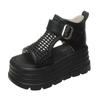 Sandalias Romanas Planas para Mujer 2025 Moda de Verano Plataforma Suela Gruesa Aumento de Altura Hueco Pedrería Peep Toe Sandalias Versátiles
