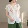 Novo suéter de manga curta bordado com renda estilo chinês para mulheres, novo top casual de algodão e linho vintage para mulheres, verão 2026