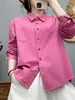 Camisa feminina de algodão puro, manga longa, corte solto, com colarinho dobrável, versátil e emagrecedora, camisa retrô artística
