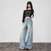 Jeans Denim Lavado Retro Americano para Mulheres, Caimento Solto, Patchwork, Calças Retas Emagrecedoras, Calças de Perna Larga, Calças de Comprimento Total