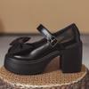 Zapatos de Tacón Alto con Lazo Dulce de una Sola Capa para Mujer Verano Mary Jane Retro Tacón Grueso Suela Gruesa Aumentadores de Altura Estilo Japonés Delgado Zapatos Pequeños de Cuero
