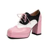 Sapatos Baixos Quadrados com Cadarço Color Block 2025, Sapatos de Salto Grosso com Solado Grosso Flor Queimada 40-48 Tamanho Grande Sapatos Exportação Transfronteiriça