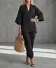 2026 Moda Transfronteriza Europea y Americana Primavera/Verano Conjunto de Top Casual con Cuello en V y Manga Tres Cuartos para Mujer y Pantalones Jogger de Corte Holgado