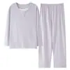 Conjunto de pijama de duas peças, cor sólida, manga longa e calça comprida, 100% algodão, gola redonda, pullover, conjunto de duas peças para casa feminino, cross-border para live-streaming