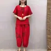 Traje de verão transfronteiriço feminino moda série sal emagrecedor redutor de idade temperamento maduro calça cropped manga curta conjunto de duas peças moda feminina