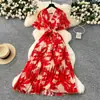 Vestido de Chiffon Estampado Elegante de Verão 2025 Novo Feminino de Alta Qualidade com Alça na Cintura Decote V Manga de Chifre Emagrecedor