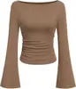 2026 Estilo Europeu Americano Garota Picante Cor Sólida Gola Canoa Manga Flare Camiseta Feminina Estilo Outono Slim Fit Plissado Afinando Manga Longa Top
