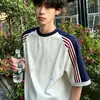 Camiseta Masculina de Algodão Puro Pesado Estilo Retro Americano Hong Kong com Três Listras Manga Curta, Top Versátil Tendência de Verão com Caimento Solto